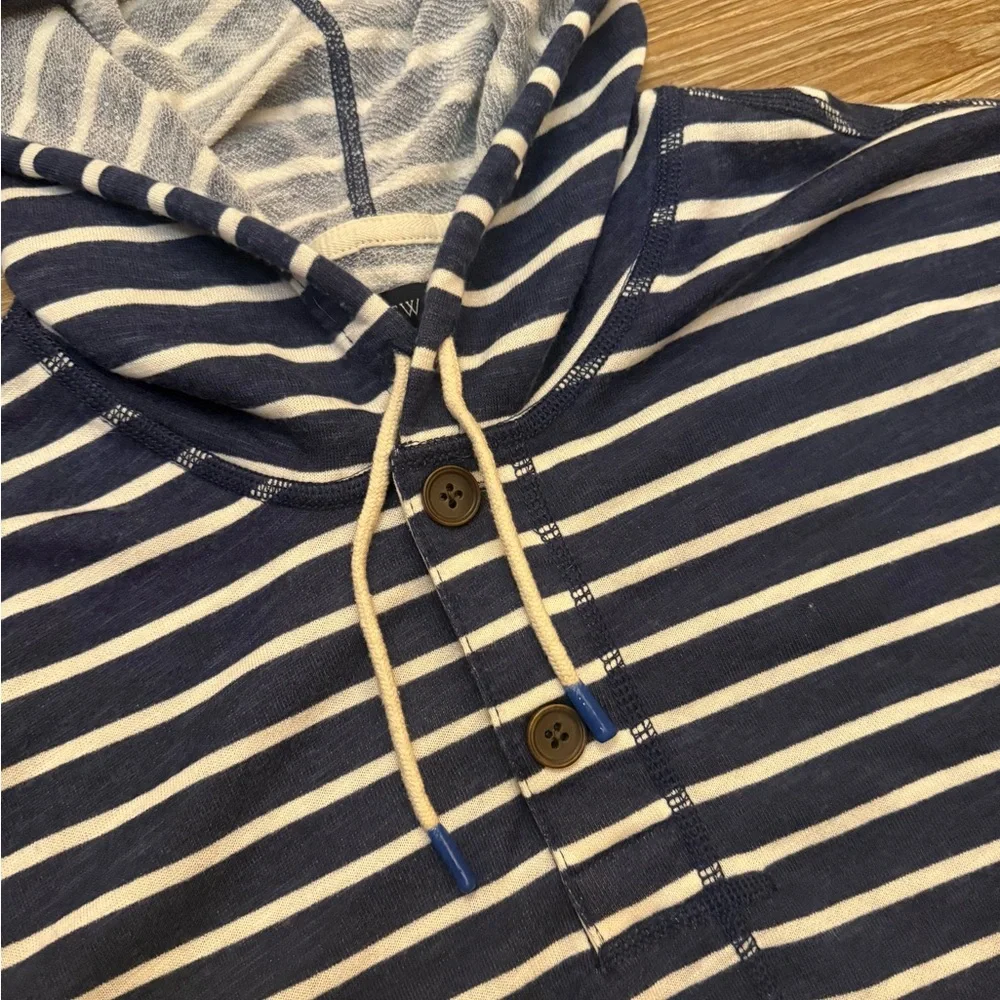 J Crew Blue and White Striped Henley Hooded Pullover Mens Large EUC